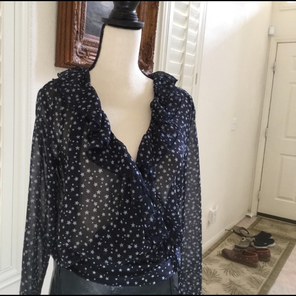 Starry Sheer Navy Ruffled Body Suit Blouse